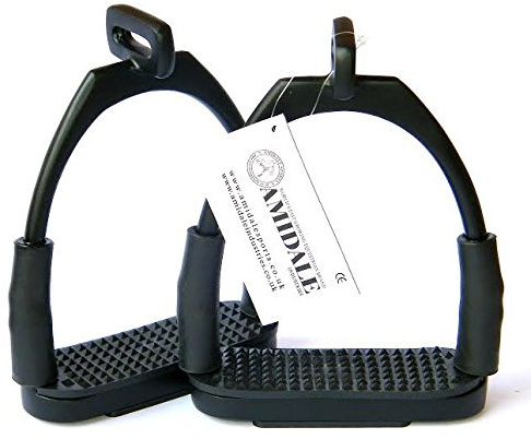 Amidale STIRRUPS offSET ÖGON FLEXI SÄKERHET STIRRUPS OPTIMAL BENPOSITION HÄST RIDNINGAR JÄRNAR ROSTFRITT STÅL 12 cm SVART