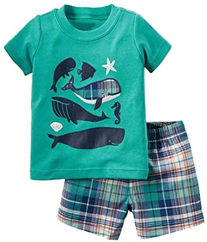 Bumeex Toddler Boy Summer Clothes,Cotton Cute Fish Short Sleeve T-shirt and Short Outfit Set Green 5t