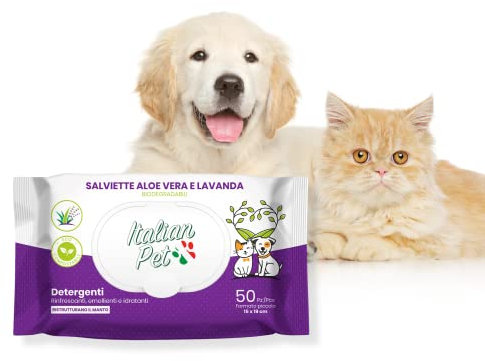 Italian Pet - Salviette Biodegradabili Aloe Vera e Lavanda - Salviette Detergenti Umidificate per Zampe, Muso e Pelo di Cani, Gatti, Conigli, Animali Domestici - 50 Salviette BIO Monouso (1)
