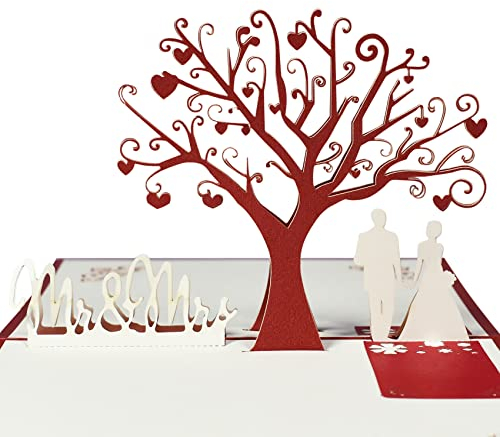 Magic Ants 3D Pop-Up Hochzeitskarte – Roter Baum mit Herzblättern und Brautpaar – Hochzeitsgrußkarte mit Mr. & Mrs. Schriftzug – Enthält Umschlag und Notizkarte