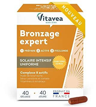 Vitavea - Bronzage Expert - Prépare, Active et Prolonge le Bronzage - Peau Sublimée - Complément Alimentaire avec Huile de Bourrache, Bêta-Carotène, Zinc, Vitamine B5, Cuivre - 40 Gélules - 40 Jours