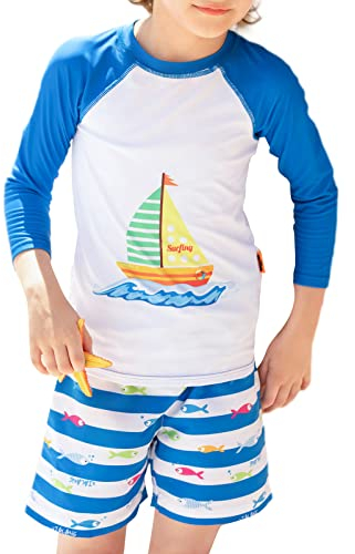 weVSwe Jungen Sonnenschutz Shirt Rash UPF 50+ Rashguard Lange Ärmel Blau Kinder Badeanzug Set Badeshorts 4 Jahre