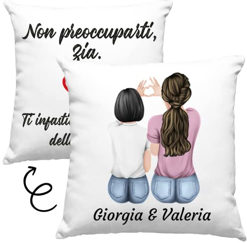 Vulfire Cuscino Personalizzabile Zia e Nipote - Nome, Capelli, Maglia e tanto altro da Personalizzare - Idea Regalo Speciale Festa di Compleanno, Natale, Arredo Casa - con Imbottitura (Bianco)