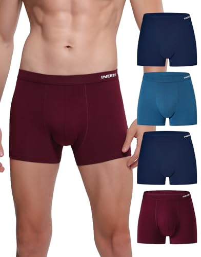 INNERSY Boxershorts för män, sömlösa kalsonger, sömlösa underkläder, mjuka retroshorts, 4-pack, Vinröd/2 marinblå/blå, L