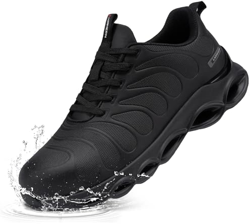 LARNMERN Sicherheitsschuhe Herren Arbeitsschuhe Wasserdicht Mode Dämpfung Arbeitsturnschuhe Leicht Komfort Stahlkappenschuhe(Schwarz Dunkel Mikrofaser,43 EU)