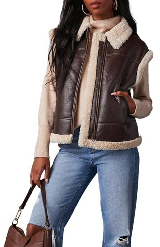 Sexyshine Women's Faux Leather Shearing Sherpa Vest Sleeveless Zip Up Fleece Lined Jacket Coat with Pockets(26037CT,L)