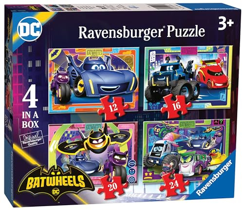 Ravensburger - Puzzle Bambini 3 Anni 4 in a box, Batwheels - Puzzle 3 Anni, Collezione Batwheels, Include 4 Puzzle 12-16-20-24 Pezzi Progressivi, Giochi Educativi, Idee Regalo