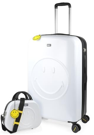 Smiley Originals - Maletas Grandes De Viaje Rígidas Ligeras con con Neceser 4 Doble Rueda 360° Candado de Combinacion TSA Maleta Grande 23 Kilos Alta Resistencia, Blanco-Negro