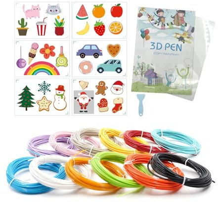 PLA Filament für 3D Stift Druckmaterialien 3D pen, 12 Farben, 120 Meter, 1.75mm, 3D-Druck-Zeichnungsbuch wiederverwendbare bunte 40-Muster mit einem transparenten Kopierbrett und einem Plastikschaber.