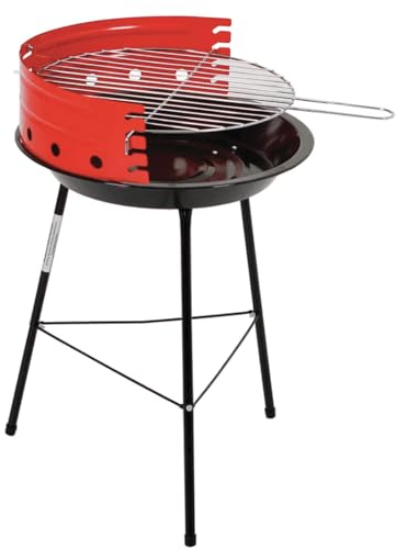 Paluplus Barbecue Tondo a Carbonella di colore Rosso, misura 36x36x53 cm, Grill a 3 Gambe con Paravento, Griglia Removibile e Regolabile in 3 Altezze, per Esterno -9761
