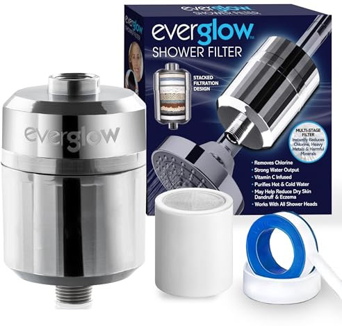 EVERGLOW High-Output Shower Filter, 100% Removes Chlorine, Moisturizes Dry Itchy Skin, Skin and Hair, Helps with Dandruff, Eczema and Vitamin C Infused and Water Softener, 4.7” - Chrome