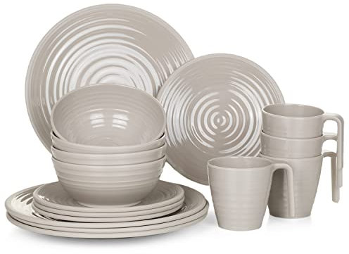 Vaisselle de camping en mélamine pour 4 personnes I Design café I 16 pièces I Vaisselle de table pique-nique BBQ Batterie de cuisine