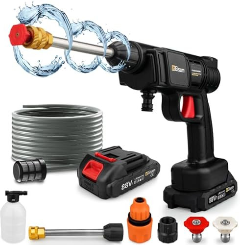 Gisam Akku Hochdruckreiniger, Max 60 bar High Pressure Washer, mit 2 x 1500mA Batterien, Schaumsprüher für Reinigung und Bewässerung