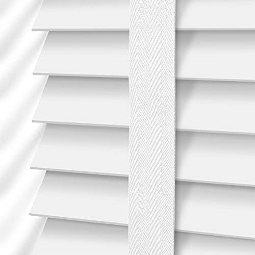 White Faux Wood Window Venetian Blind/Blinds - Easy Fit Child Safe Trimmable Shutters - 50MM Slats with Aluminium Headrail & Matching Facia (White, 114cm Width x 150cm Length)