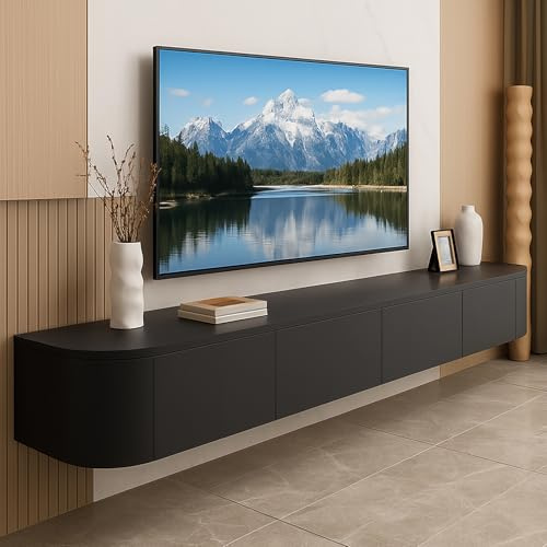 YINXSLO Floating tv unit Multifunctional Tv cabinet Wooden floating tv shelf for living room Wall Mounted Tv unit with storage for living room and bedroom (Black, 140cm/55in)