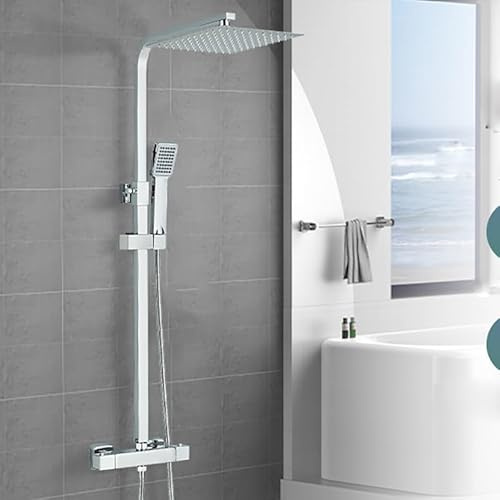 Thermostatic Shower Mixer Set with 9 Square Rainfall Shower Head with Rainfall Shower Head Handheld Shower, Riser Rail Adjustable Height Anti Scald Chrome Shower Set