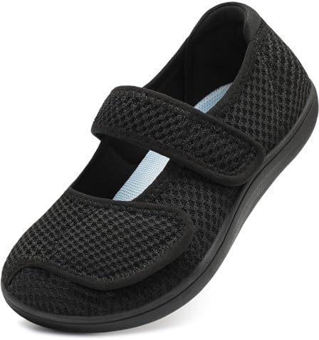 JOINFREE Womens Walking Shoes Mary Jane Wide Fit Casual Trainers Barefoot Adjustable-Strap Zero-Drop Non-Slip Comfort Shoes for Swollen Feet, Oedema, Arthritis, Elderly & Pregancy Black 7.5 UK