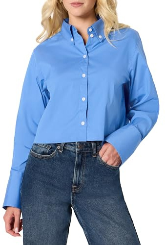 Amazon Essentials Chemise Habillée et Boutonnée en Popeline de Coton Extensible, Coupe Surdimensionnée Femme, Bleu, S