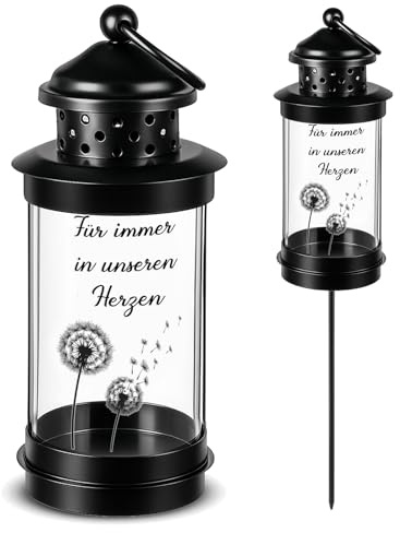 Nezyo Grablaterne mit Erdspieß Grablaterne Friedhof Wetterfest Laterne auf Stab mit 2 Blatt für Immer in Unseren Herzen Aufkleber Grabschmuck Grablampe Modern für Grab Deko (41,2 cm)