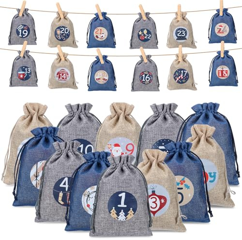 woric Calendario de Adviento para rellenar, 24 sacos de yute con pinzas, calendario de Navidad para rellenar, calendario de Adviento 2025 saquitos de Navidad (azul, gris y caqui)