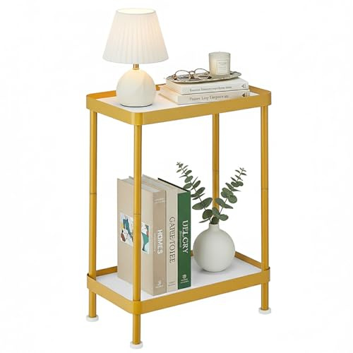 ZEXVIDA Side table for Small Spaces, 2 Tier End Table with Metal Tabletop Tray Storage Shelf, Sofa Table for Small Spaces in Living Room, Bedroom, Office, Nightstand or Plant Stand (White+Gold)