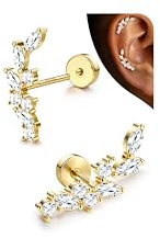 LOLIAS Hypoallergenic Cartilage Earrings for Women Flat Back-925 Sterling Silver Post Stud Flatback Earrings for Sensitive Ears-20G Ear Crawler Climber Cartilage Earring Tragus Conch Helix Piercing Jewelry 14K Gold Plated Olive Leaf
