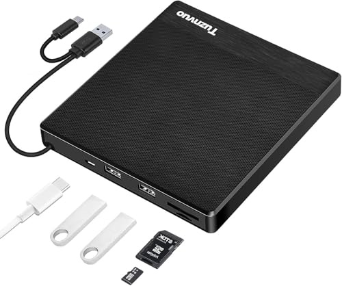 Unidad externa de CD/DVD para laptop, USB 3.0 y lector de CD tipo C, unidad óptica portátil ultrafina de CD/DVD +/-RW con puertos USB/ranuras TF/SD para portátil/escritorio/MacBook/Mac/Windows/Linux