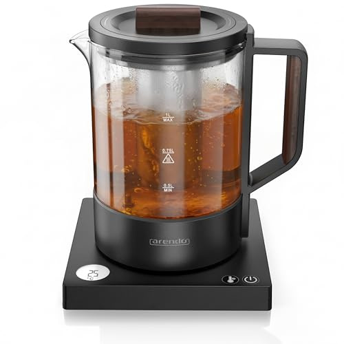Arendo - Glas Wasserkocher mit Temperatureinstellung - Edelstahl Teekocher 1 Liter – Integriertes Teesieb – 40°-100°C – präzise Sensormessung – BPA-frei – Basis mit Display - Schwarz