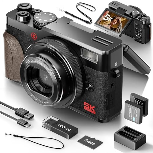 NBD Appareil Photo Numérique 5K 64MP avec Autofocus, Zoom Numérique 18x, Écran IPS 3 Orientable 180°, Design Rétro Élégant, Carte 64GB + 2 Batteries (Noir)