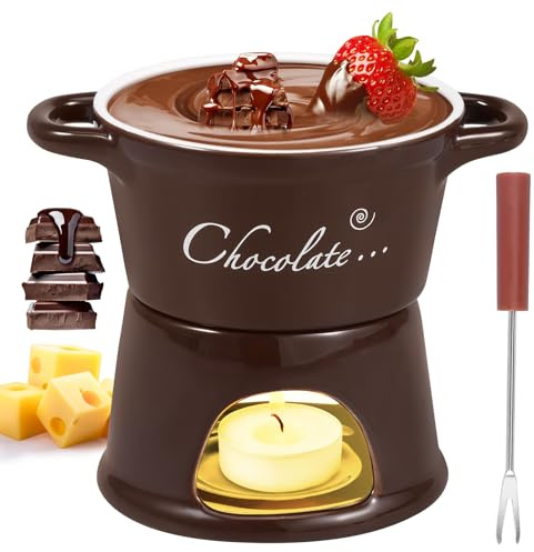Chocolate Fondue Set, 300ML Ceramic Chocolate Melting Pot with Fork Detachable Cheese Fondue Set for Party, Home, Birthday, Picnics Butter Warmers Pot Fondues Mug for Cheese Butter Caramel(Coffee)