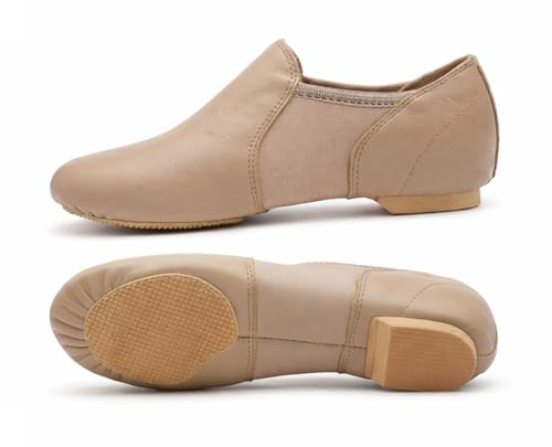 Tan Slip On Jazz Dance Shoes - Pure Leather - Modern Stage Rubber Heel - Neoprene - Irish Dancing Pumps Eye Style Slipper - Kids Adult - (Child 6J)