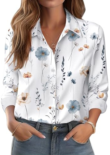 Zeagoo Women's Shirts Long Sleeve Button Down Flower Spring Graphic Party Tops Wrinkle Free Fitted Stretch Ladies Blouses Casual Holiday Beach Vintage Beige Floral M