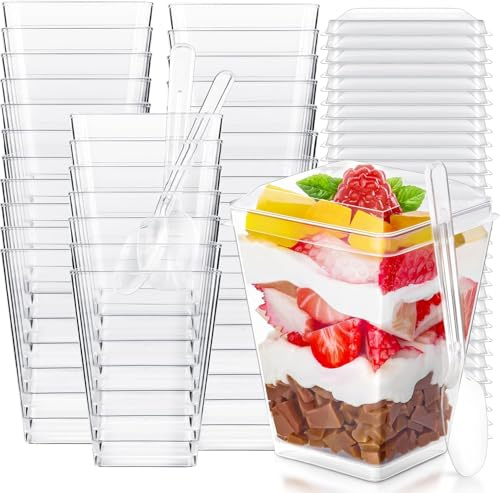 Exsink 40 tazas de postre, con tapa y cucharas, 160 ml, transparentes | reutilizables, para postres familiares, pudines, mousses y fiestas de helado, tazas de postre