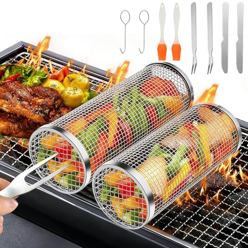 YGVQN Cesta de Asar Rodante 2 Piezas, Cilíndrica Acero Inoxidable 304 con Soporte y Cepillo, para Verduras, Patatas Fritas, Pescado, Accesorios Portátiles Barbacoa Exterior, Regalo Hombre o Papá