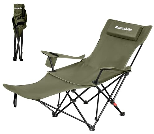 Naturehike 2-i-1 Campingstol, vikbar 150 kg, liggstol, vikbar med fotstöd, strandstol med 3-vägs justerbart ryggstöd, fiskestol med mugghållare för utomhusbruk, strandfiske (grön)