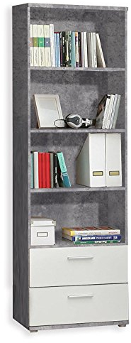 FORTE Lupo Regal mit 2 Schubladen, Holzwerkstoff, Betonoptik Lichtgrau/Weiß, 34,8 x 60,2 x 187,9 cm