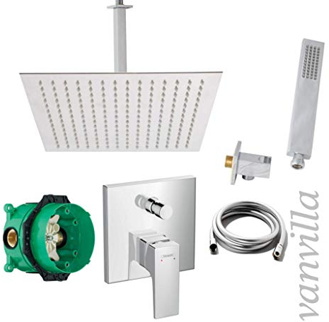 vanvilla Duschsystem mit Unterputz Duscharmatur von Hansgrohe Metropol Einhebelmischer und vanvilla Regendusche mit Armatur, Duschkopf eckig, Dusch-SET HG22 poliert