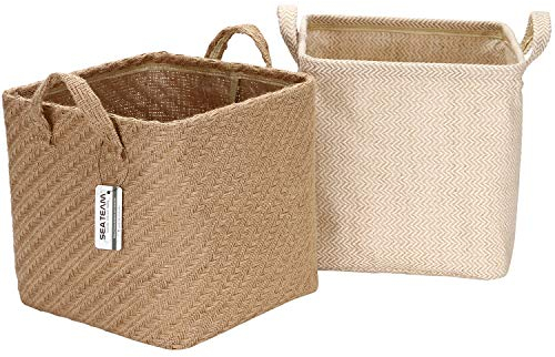 Sea Team Storage Baskets Organizer Box Bins in Jute and Cotton Linen Foldable with Handle Decorative for Home Toiletry Stationery Sundries Toys Jewerly Color Beige 26 * 26 * 26CM 2PCS