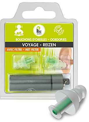 PLIC AUDIO - Bouchons d’Oreilles Transport/Voyage/Bruit ambiant - Atténuation 18dB - Protection Auditive Ultra Confortable - 2+1 Corolles et Double Filtre - Hypoallergéniques et Réutilisables