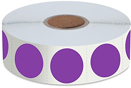 1500 etichette adesive rotonde per inventario, disponibili in colore viola, distribuite su un rotolo, con linea di perforazione (ogni etichetta misura 2.5 cm di diametro).