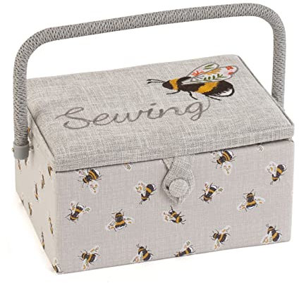 Hobby Gift Exclusive Medium Sewing Craft Hobby Storage Box, Accessories Tray Pin Cushion Pocket PVC Handle Embroidered Lid 18.5 x 25.5 x 14.5cm, Embroidered Sewing Bee
