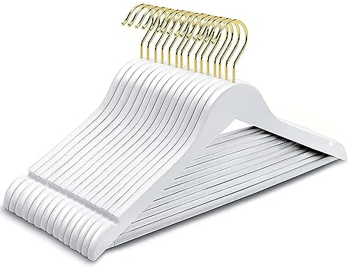 Amber Home 10 Stück 44,5cm Weiß Kleiderbügel aus Holz mit Stange und Nut, Robust und Glänzend Aufhänger für T-Shirt Hemd Anzug Mantel Kleid Hochzeit Trägertop, Gold Haken