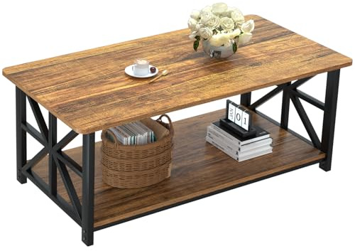 GreenForest Couchtisch mit Stauraum, 100 cm Wohnzimmertisch, Stabiler Sofatisch aus Holz und Metall, Kaffeetisch mit Regal, Industriestil, Rustikales Design, Braun