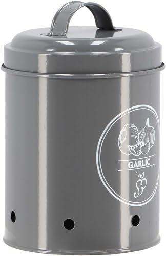 Esschert Design Tarro de almacenamiento de ajos, antracita, lata gris, olla de ajos para cocina