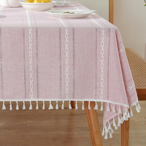 meioro Böhmische Tischdecke für Küche Dekoration, 140x200cm Makramee Tischtuch mit Quasten, Rechteckige Leinen Tischwäsche, Gestreifte Tafeldecke Mesh Tischdecken für Esstisch Tabletop Dekor (Rosa)