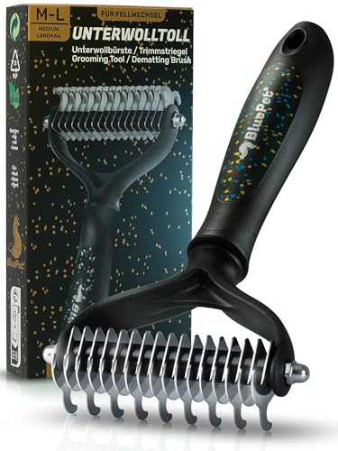 BluePet Brosse Chiens & Chats à Poil Long, Peigne Démêlage Professionnel, Élimine Poils Morts, Sous Poil & Nœuds, Étrille Démêlant Poils Longs, Râteau de Toilettage Chien Chat, Edition Limitée