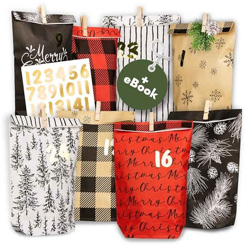 AMARI ® Calendario de Adviento para rellenar nº 21 Holidays – 24 bolsas de Adviento de papel (con pinzas de madera) para manualidades para Navidad – Bolsas de papel de Navidad