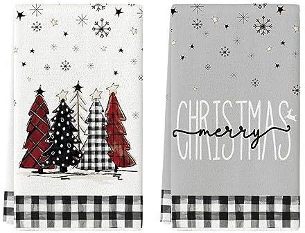 Artoid Mode Buffalo - Juego de 2 paños de cocina con diseño de copo de nieve y árbol de Navidad, 42 x 65 cm, tela de microfibra con estrellas, decoración de secado de cocina