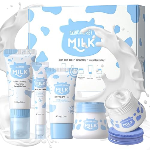 5-en-1 Ensemble de Soins de la Peau au Lait - Coffret Cadeau avec Nettoyant pour le Visage, Crème pour les Yeux, Hydratante, Éclaircissante et Solaire