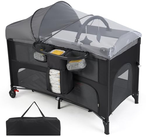 COSTWAY 5 in 1 Travel Cot, Height Adjustable Baby Bedside Sleeper with Mattress, Mosquito Net, Side Entry, Toy Bar and Carry Bag, Folding Crib Bassinet for Newborn to Toddlers (Gray)